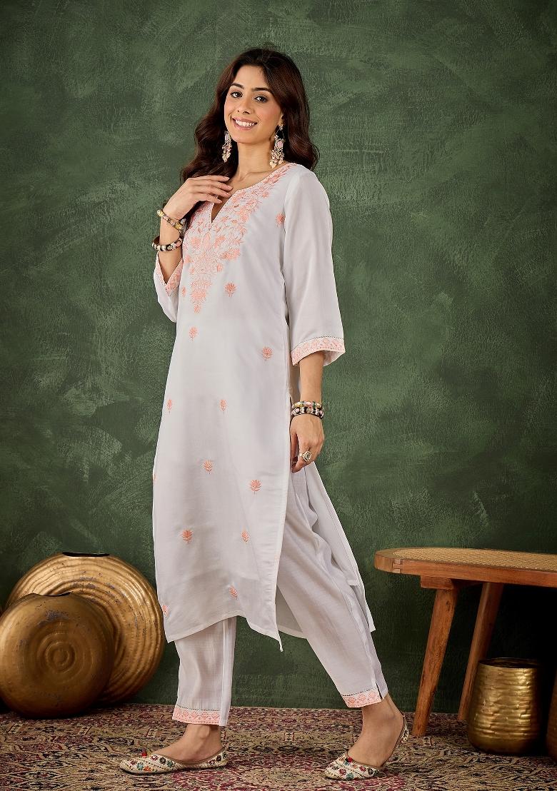 Off White Embroidery Silk Kurta Set - Indya