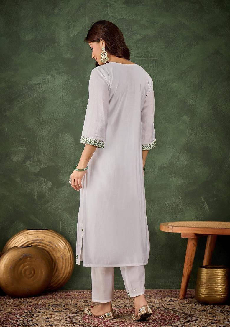 Off White Embroidery Silk Kurta Set - Indya