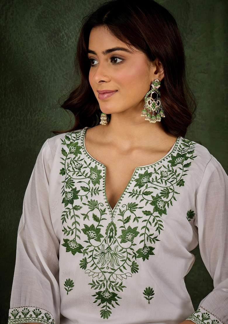 Off White Embroidery Silk Kurta Set - Indya