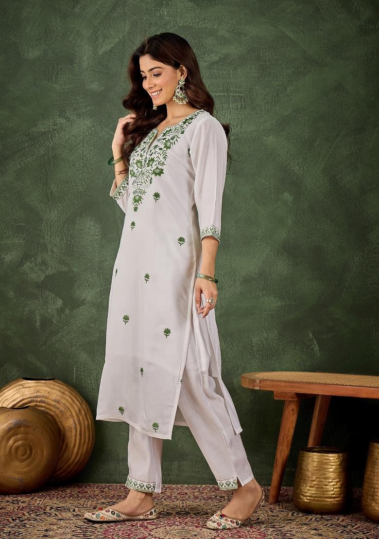 Off White Embroidery Silk Kurta Set - Indya