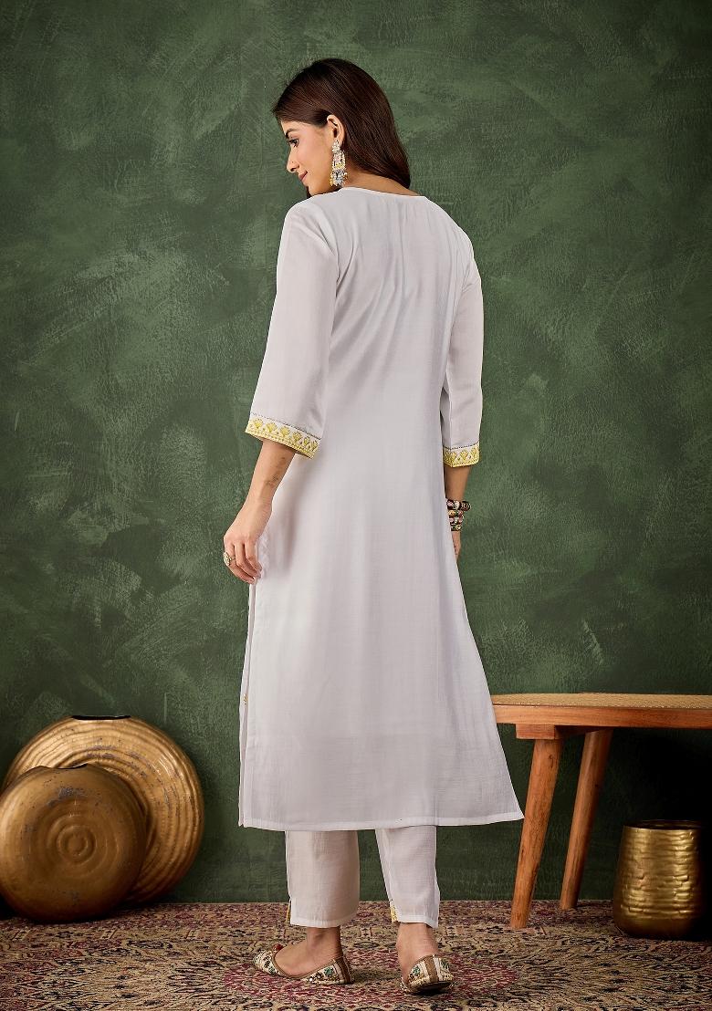 Off White Embroidery Silk Kurta Set - Indya