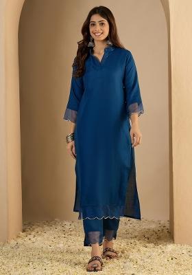 Blue Printed Cotton Kurta Set