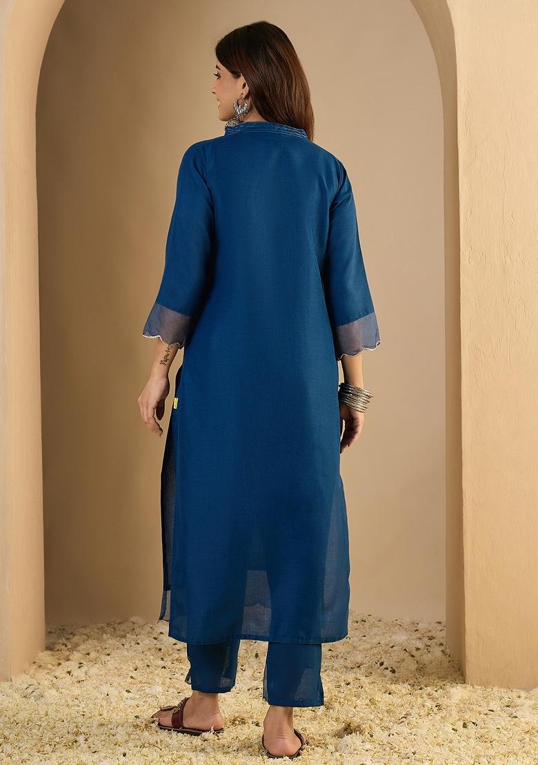 Blue Printed Cotton Kurta Set - Indya