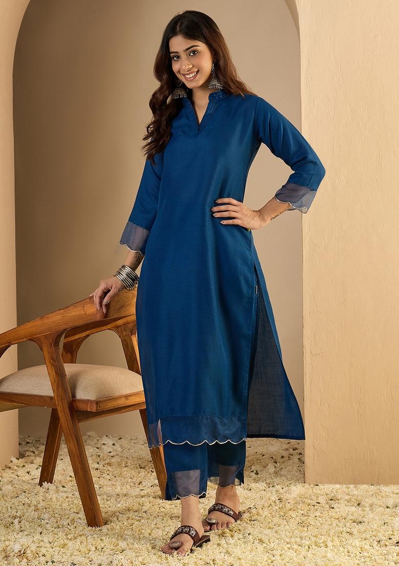 Blue Printed Cotton Kurta Set - Indya