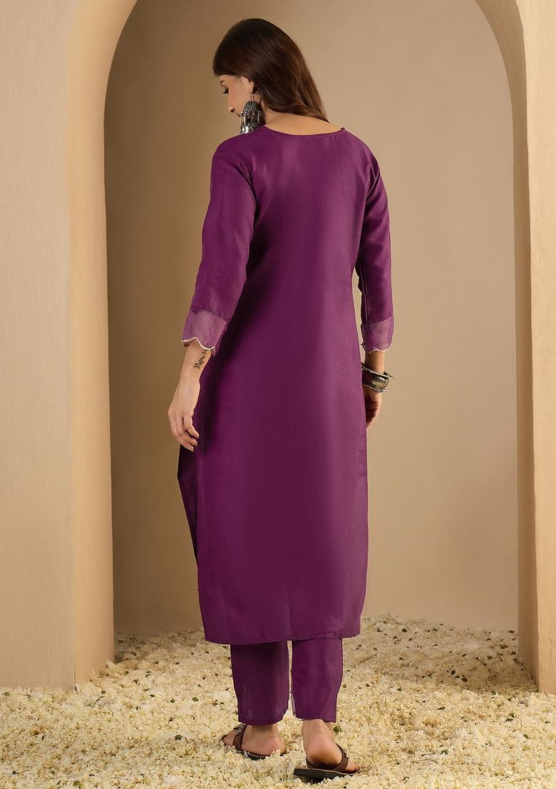 Purple Printed Cotton Kurta Set - Indya