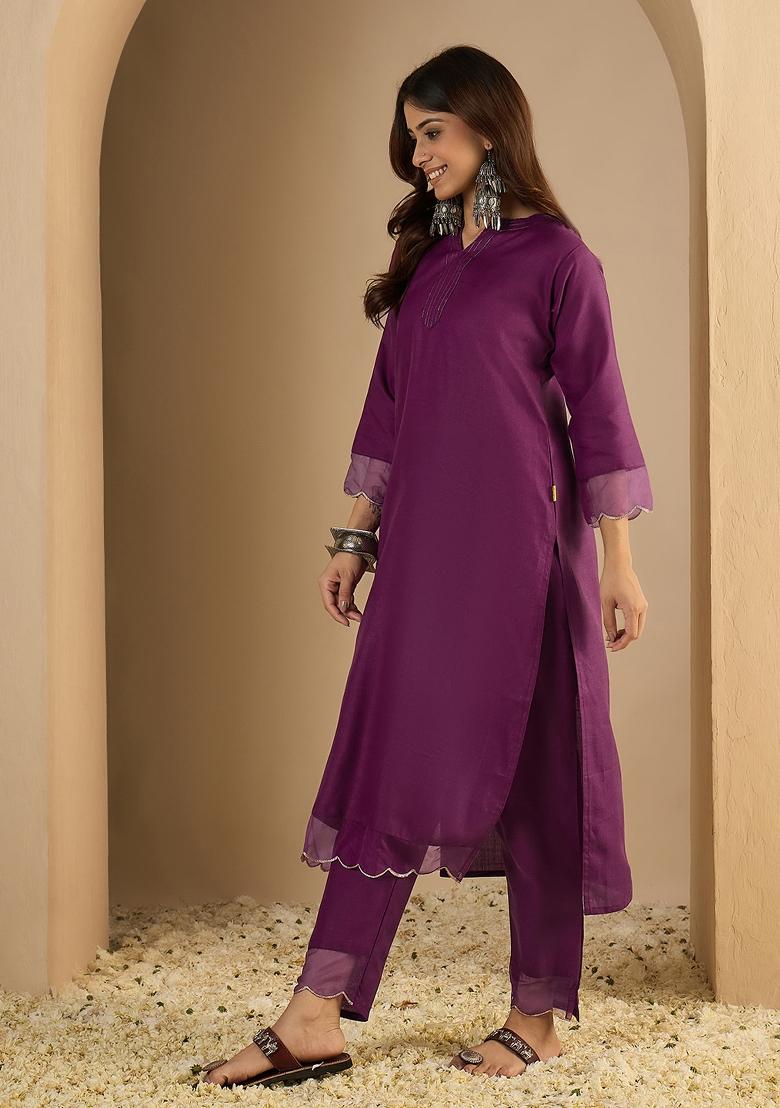 Purple Printed Cotton Kurta Set - Indya
