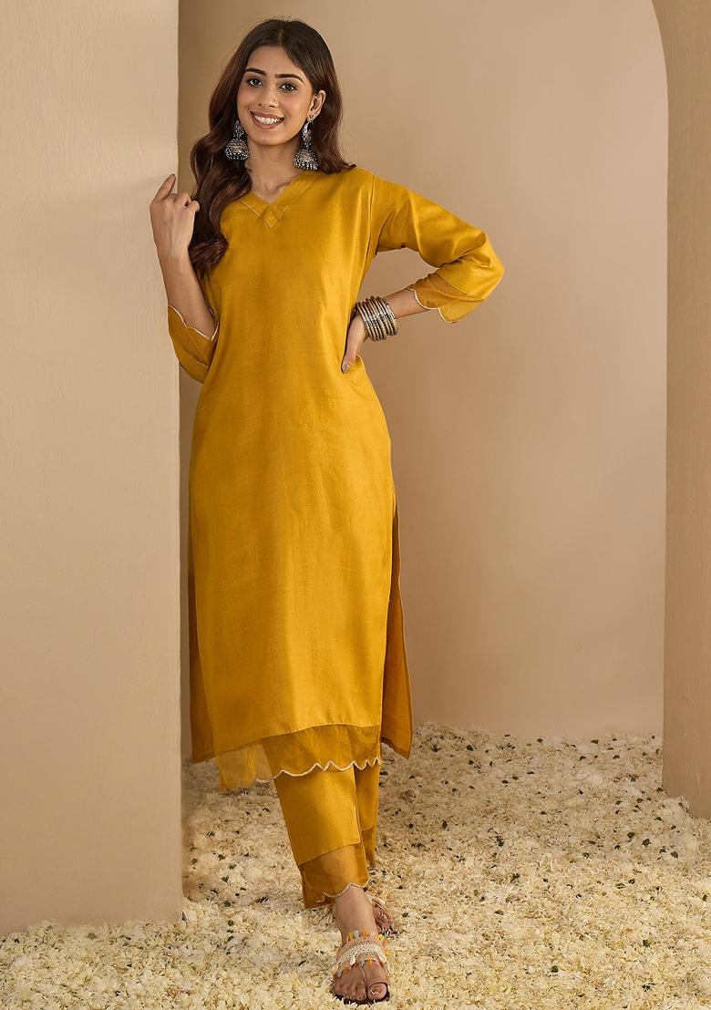 Yellow Printed Cotton Kurta Set - Indya