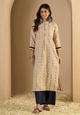 Beige Printed Cotton Kurta Set
