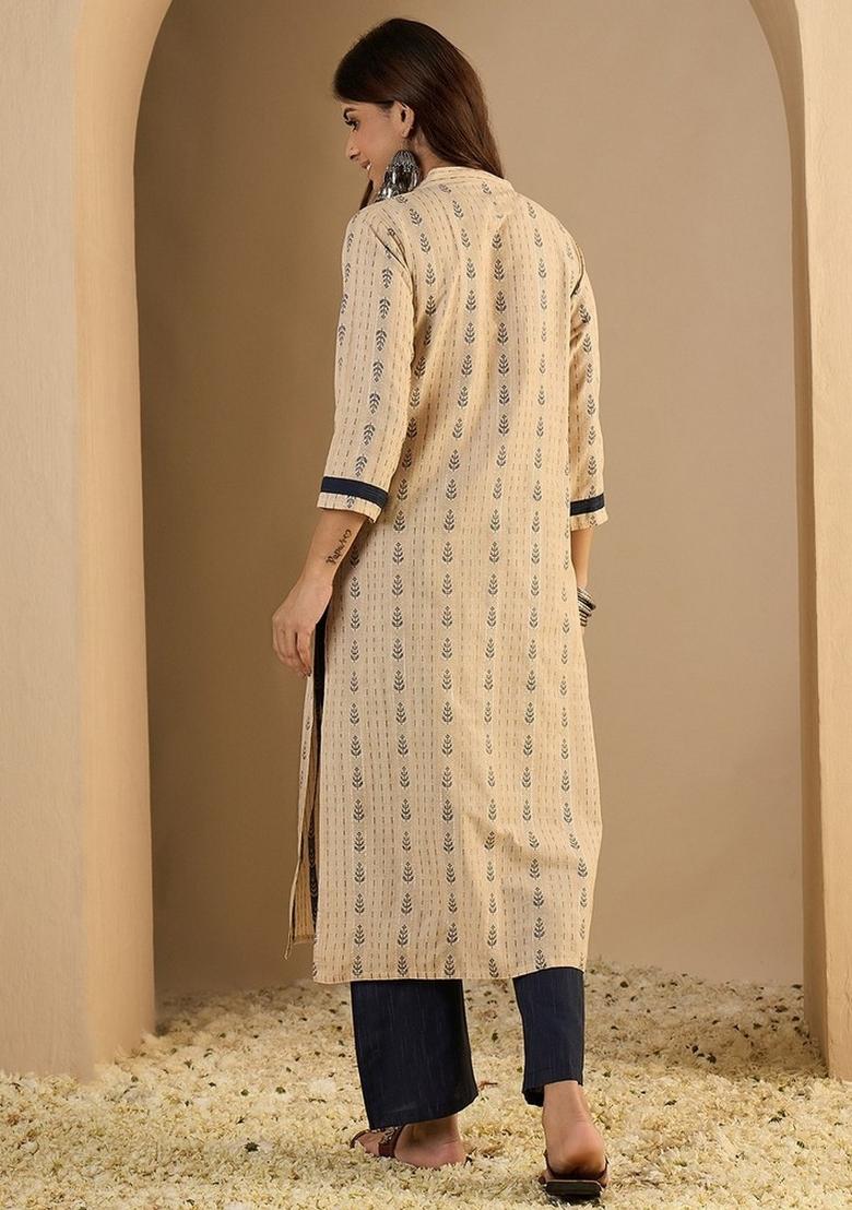 Beige Printed Cotton Kurta Set - Indya