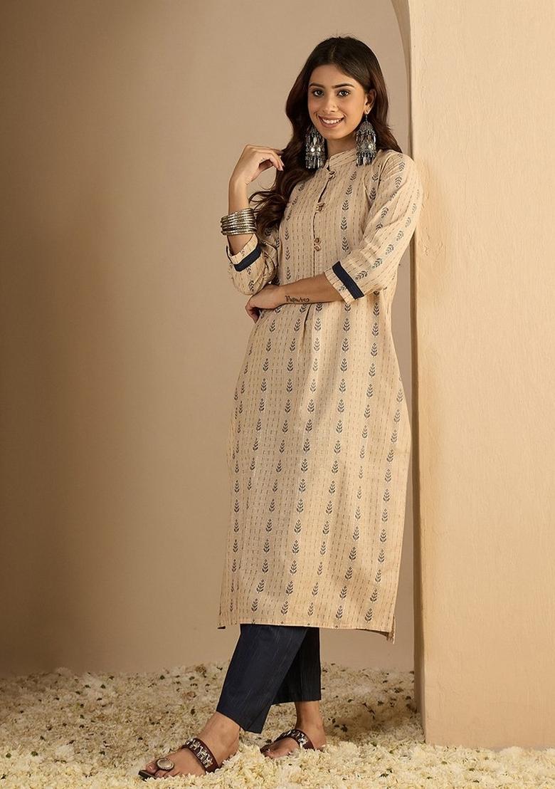 Beige Printed Cotton Kurta Set - Indya