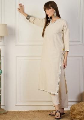 Off White Embroidery Cotton Kurta Set