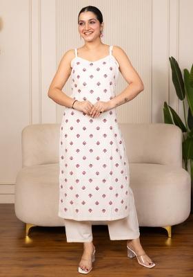 Off White Printed Cotton Kurta Set
