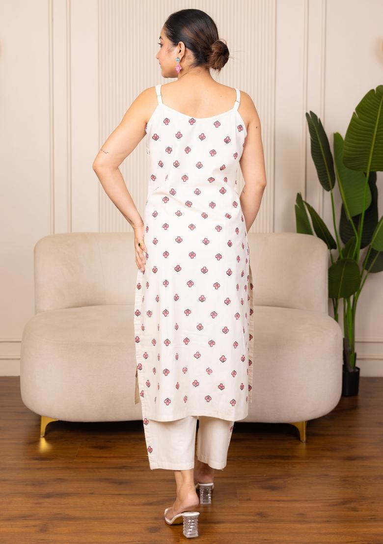 Off White Printed Cotton Kurta Set - Indya