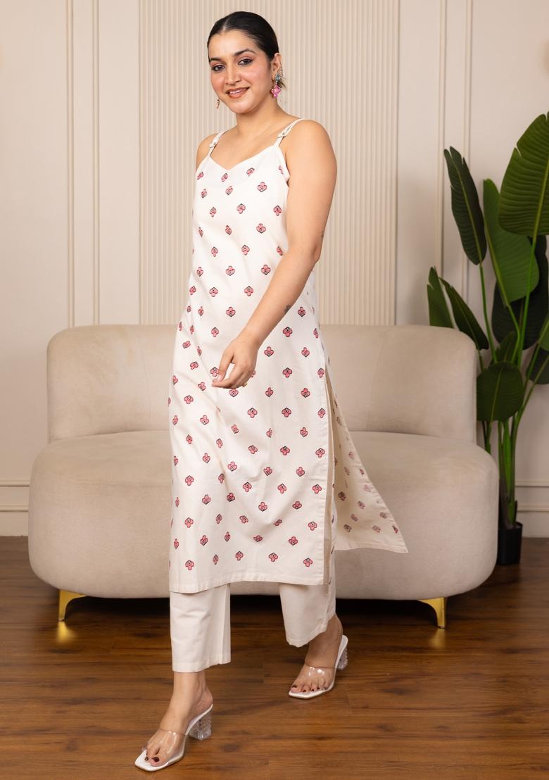 Off White Printed Cotton Kurta Set - Indya