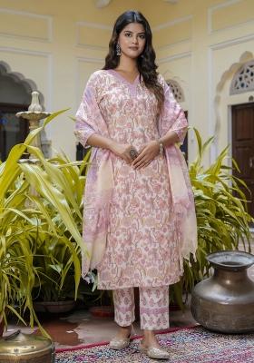 Peach Floral Print Cotton Kurta Set