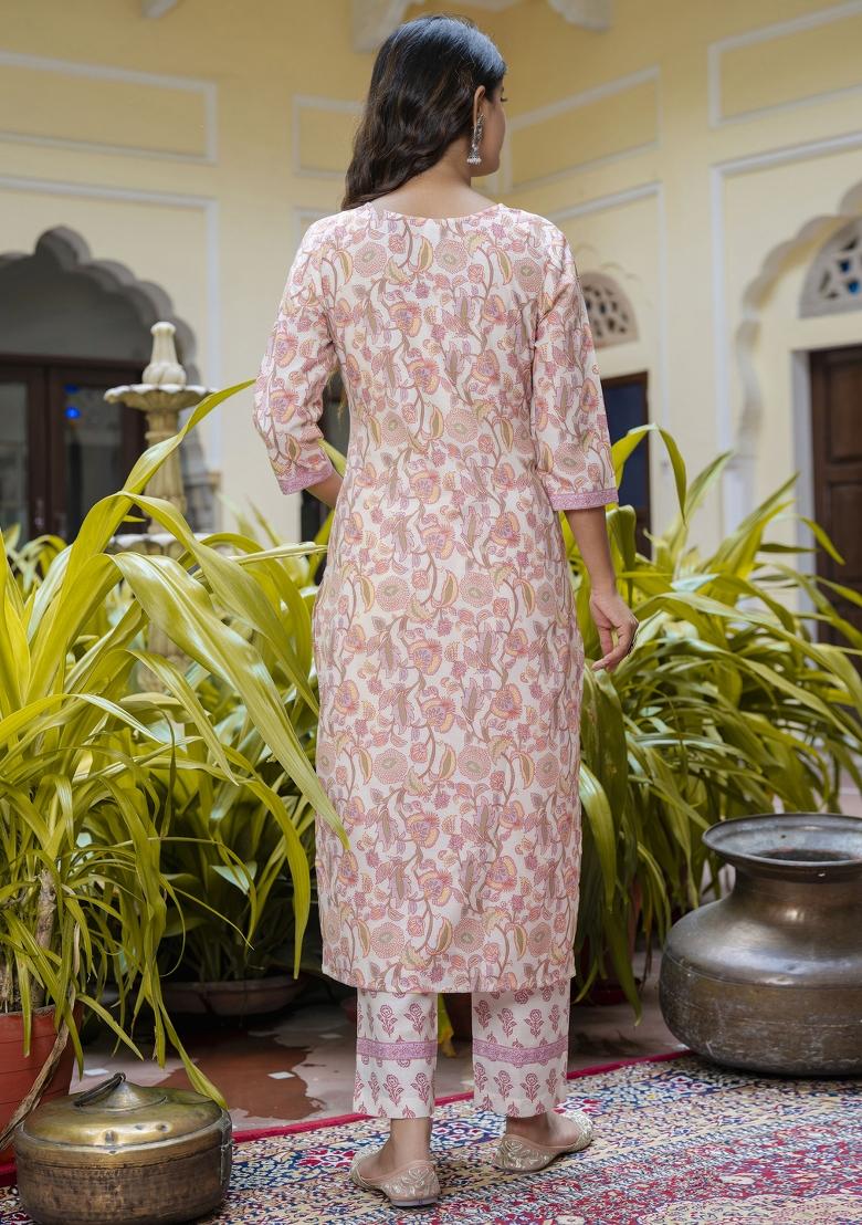 Peach Floral Print Cotton Kurta Set - Indya