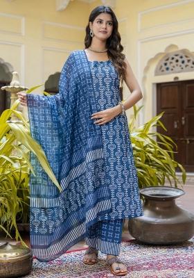 Blue Floral Print Cotton Kurta Set