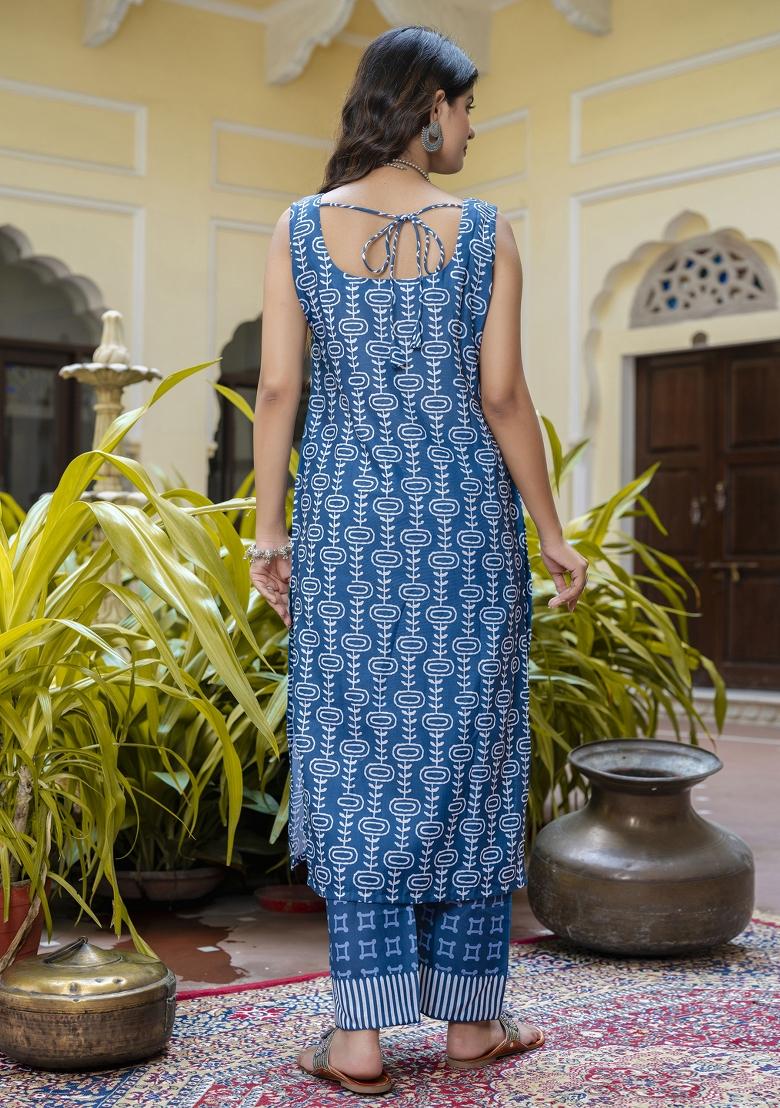 Blue Floral Print Cotton Kurta Set - Indya