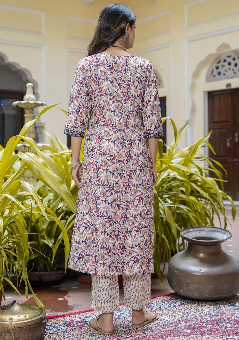Multicolor Floral Print Cotton Kurta Set - Indya
