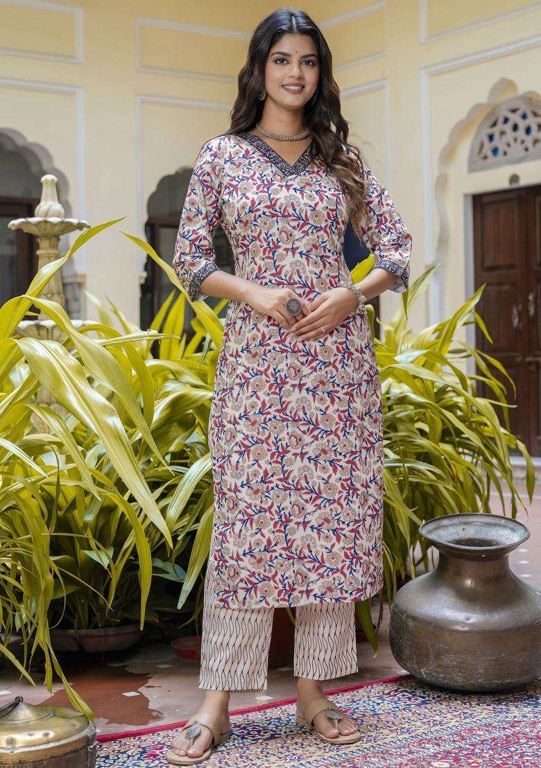 Multicolor Floral Print Cotton Kurta Set - Indya