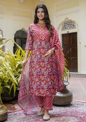 Maroon Floral Print Cotton Kurta Set