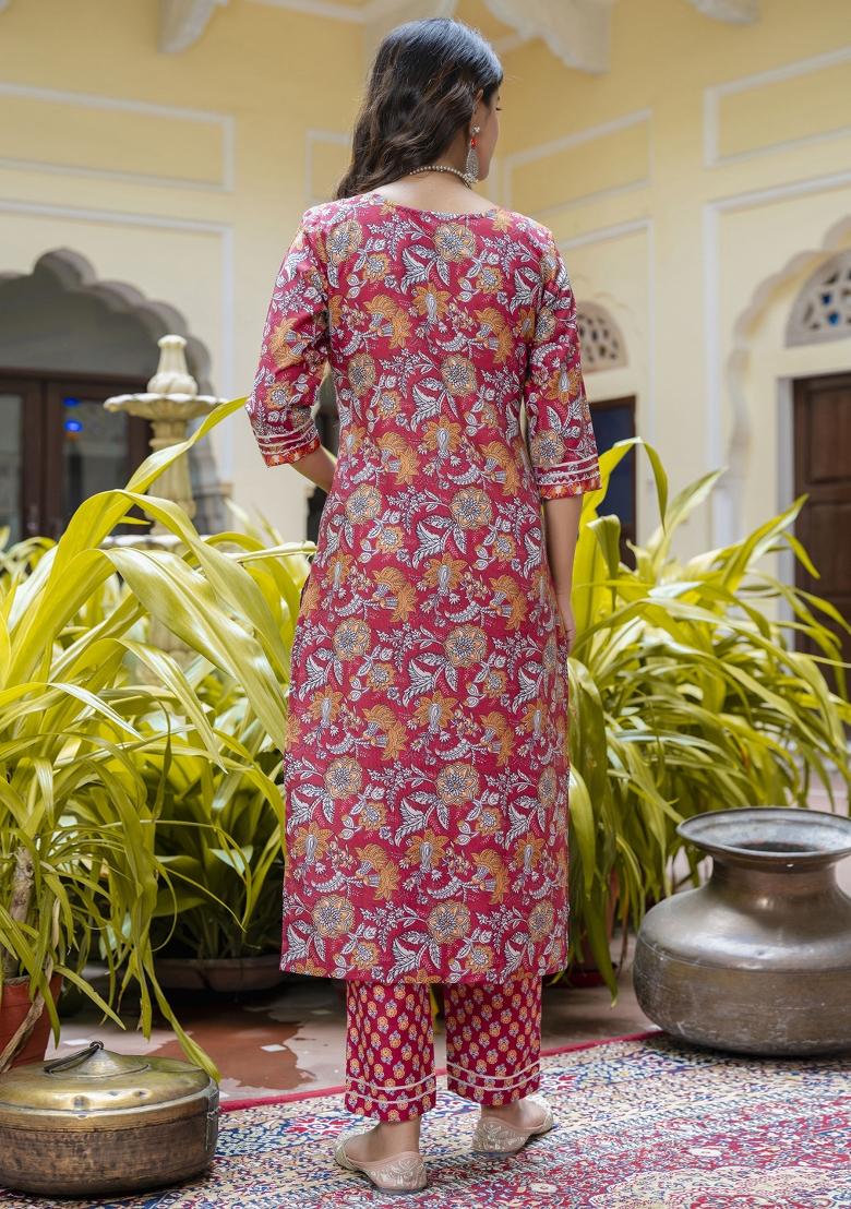 Maroon Floral Print Cotton Kurta Set - Indya