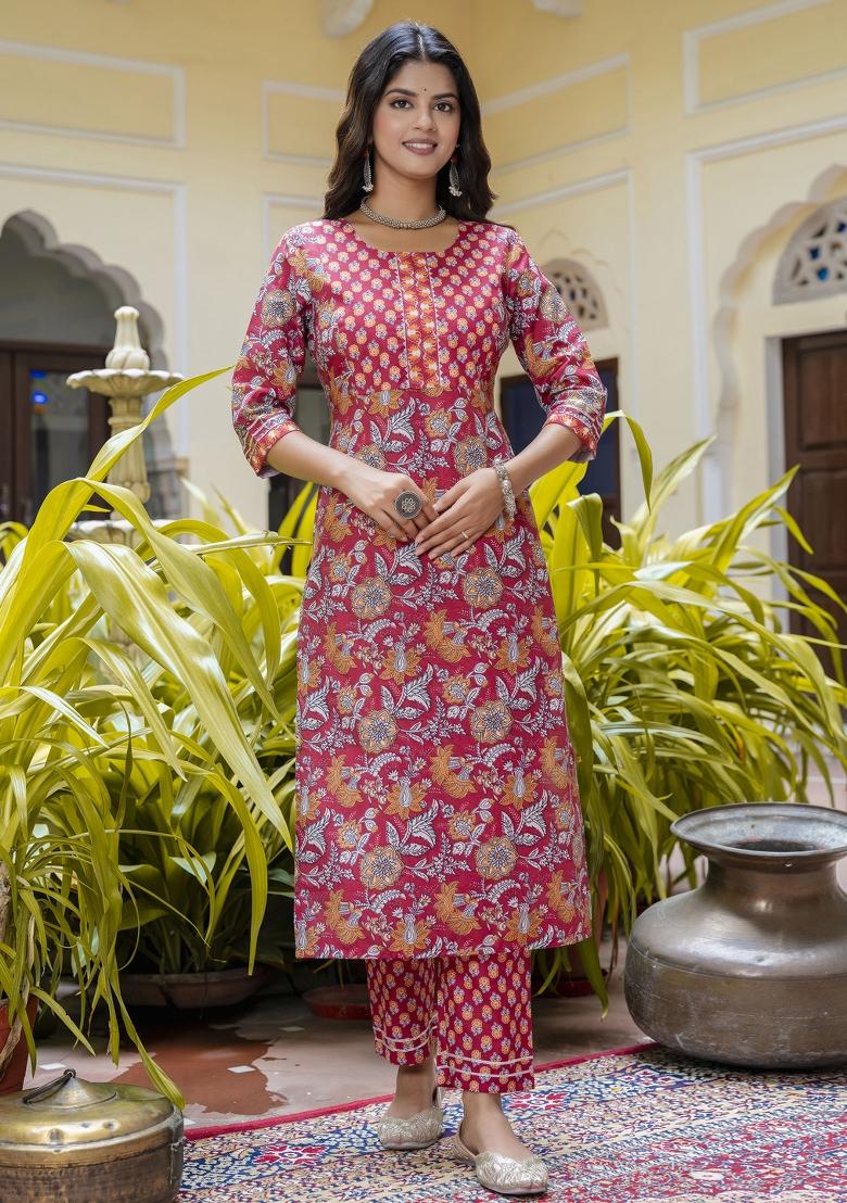 Maroon Floral Print Cotton Kurta Set - Indya
