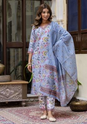 Sky Blue Floral Print Cotton Kurta Set