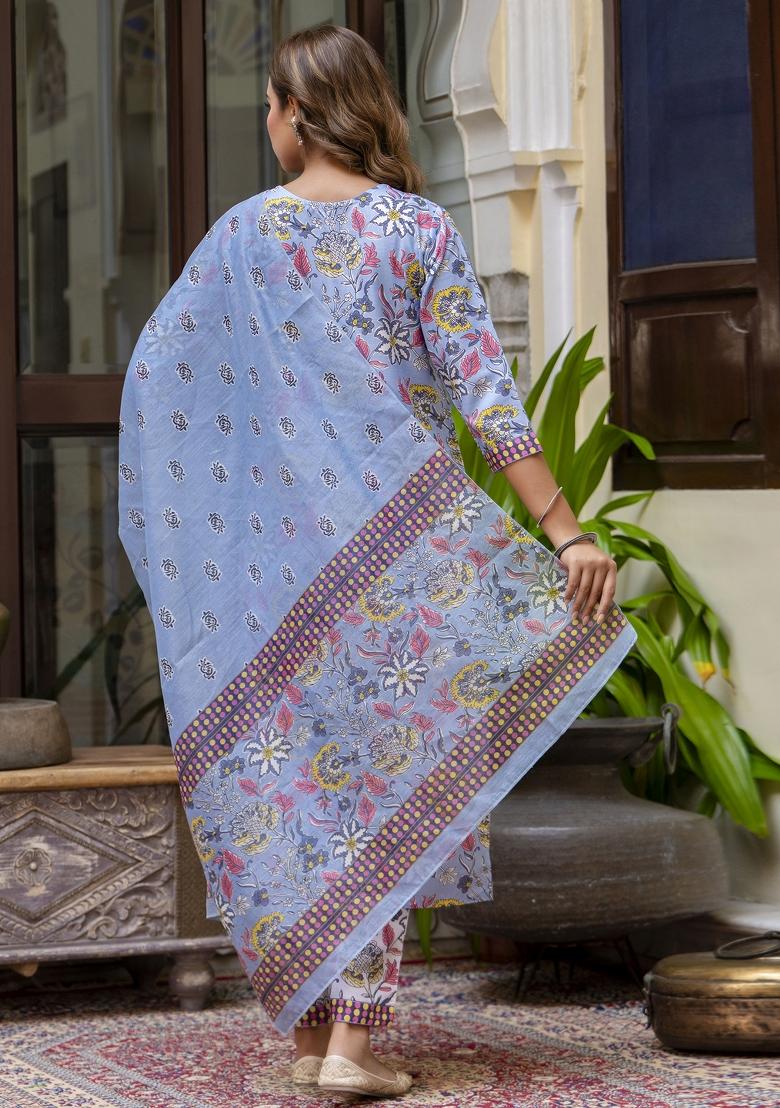 Sky Blue Floral Print Cotton Kurta Set - Indya
