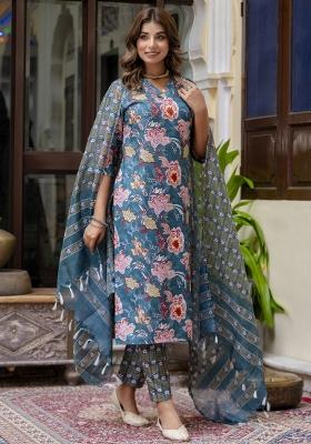 Teal Floral Print Cotton Kurta Set