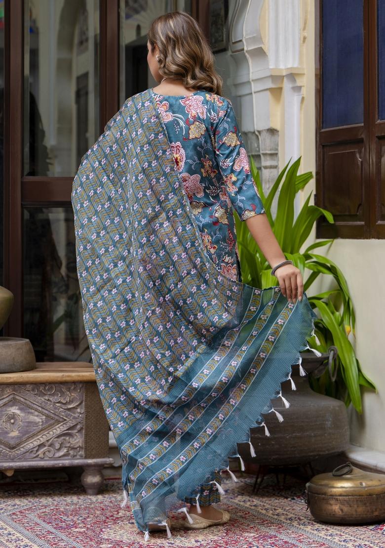 Teal Floral Print Cotton Kurta Set - Indya
