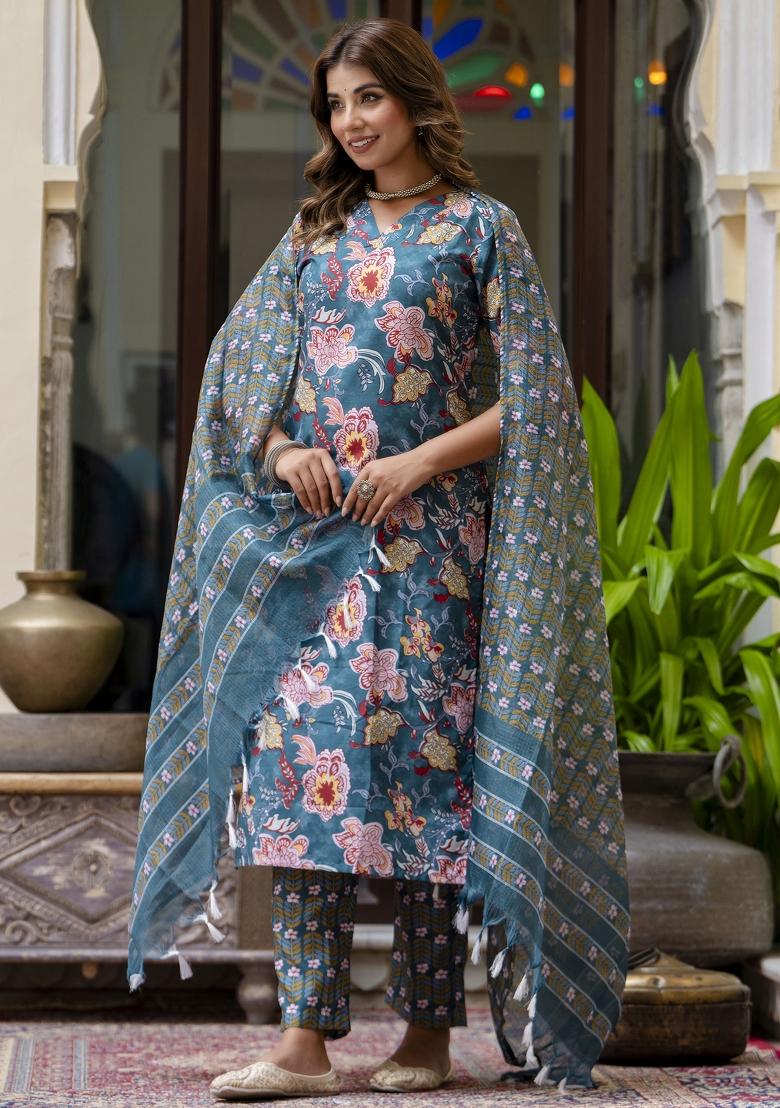 Teal Floral Print Cotton Kurta Set - Indya