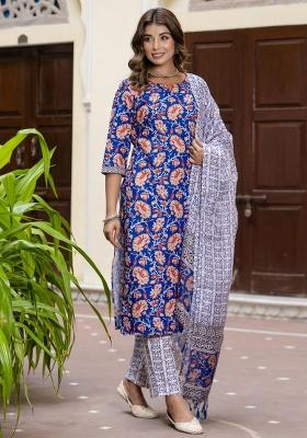 Blue Floral Print Cotton Kurta Set
