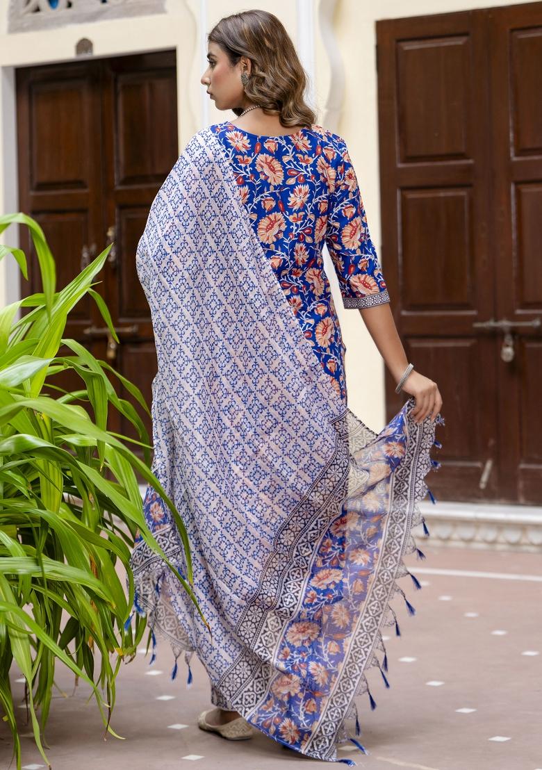 Blue Floral Print Cotton Kurta Set - Indya