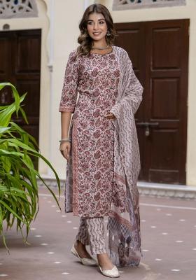 Maroon Floral Print Cotton Kurta Set