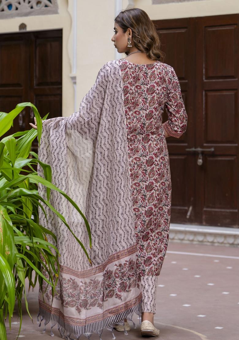 Maroon Floral Print Cotton Kurta Set - Indya