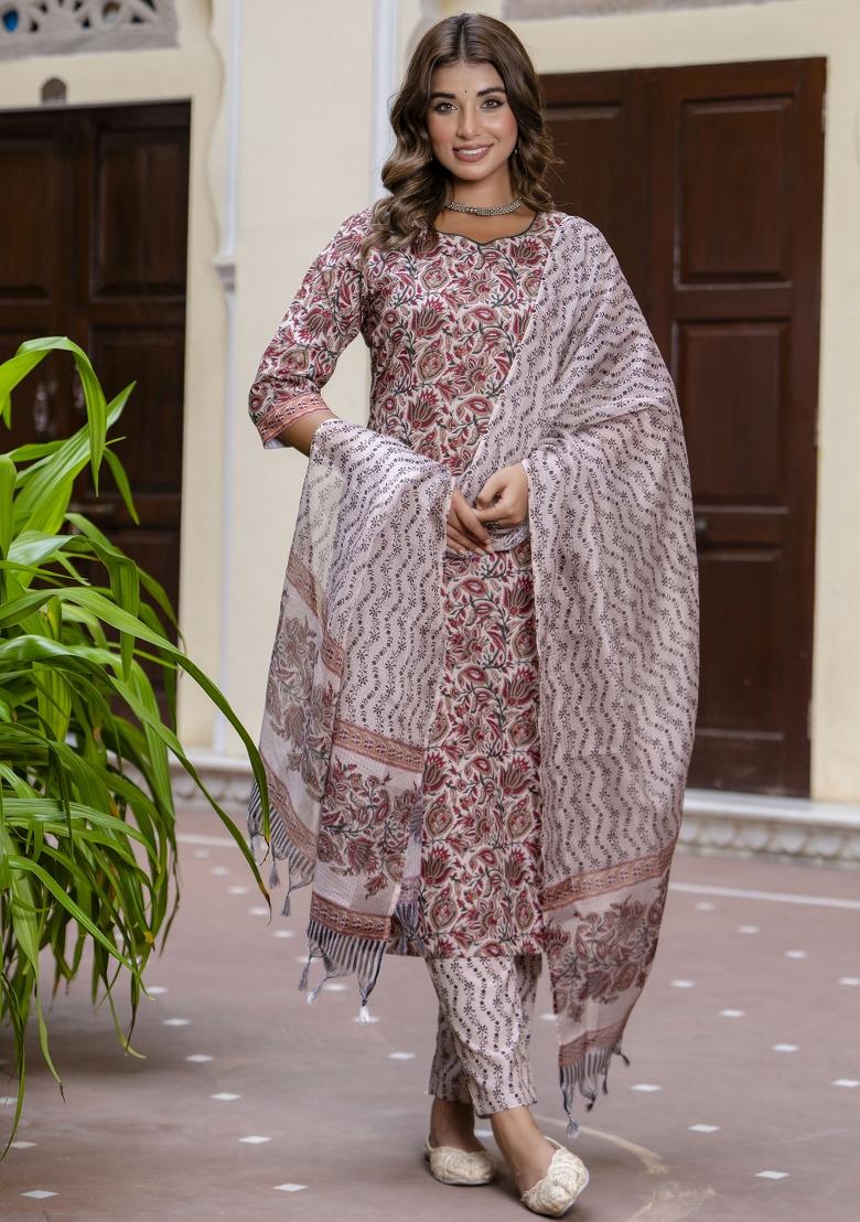 Maroon Floral Print Cotton Kurta Set - Indya