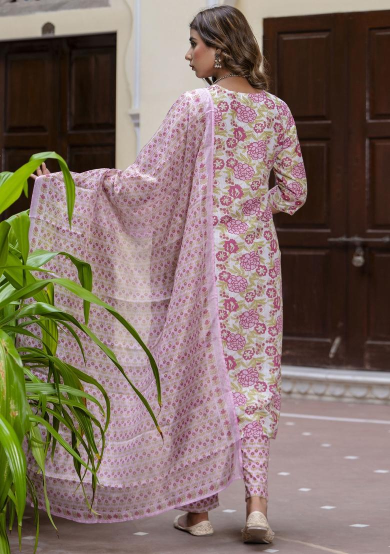 Purple Floral Print Cotton Kurta Set - Indya