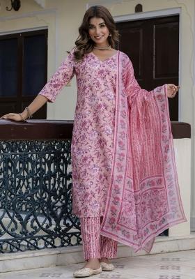 Purple Floral Print Cotton Kurta Set