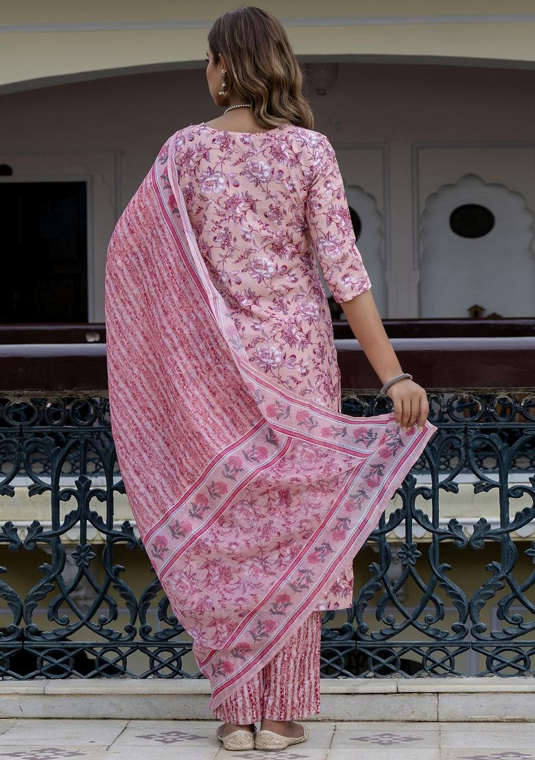 Purple Floral Print Cotton Kurta Set - Indya