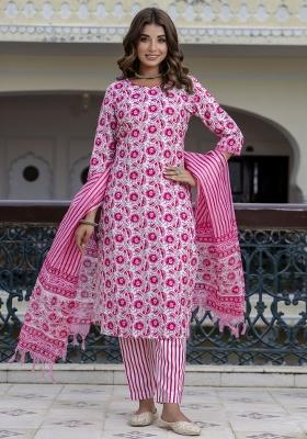 Pink Floral Print Cotton Kurta Set
