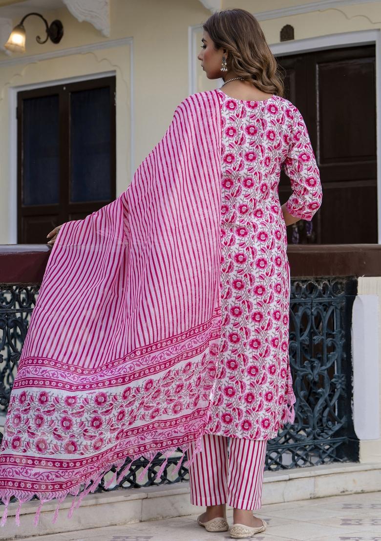 Pink Floral Print Cotton Kurta Set - Indya