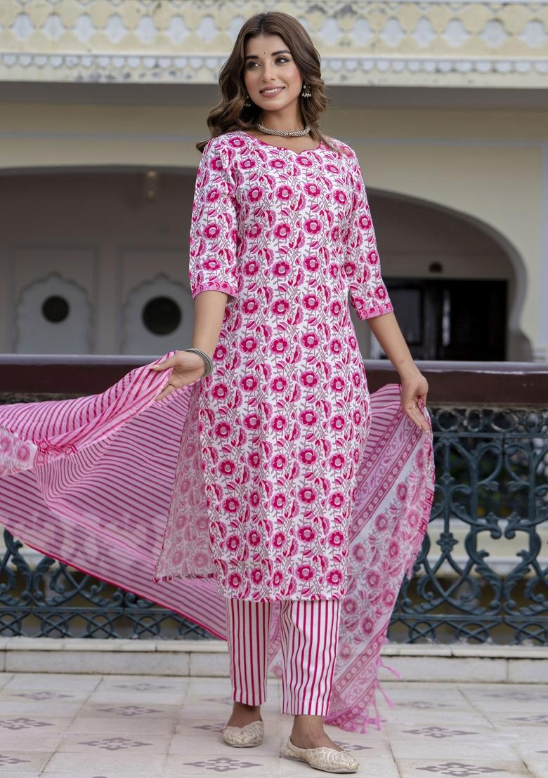 Pink Floral Print Cotton Kurta Set - Indya
