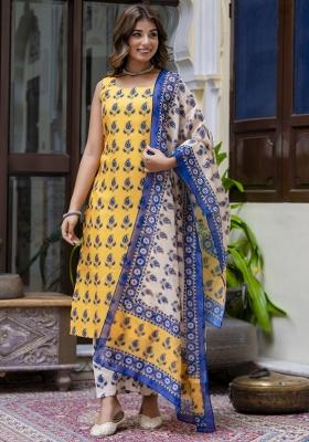 Yellow Floral Print Cotton Kurta Set