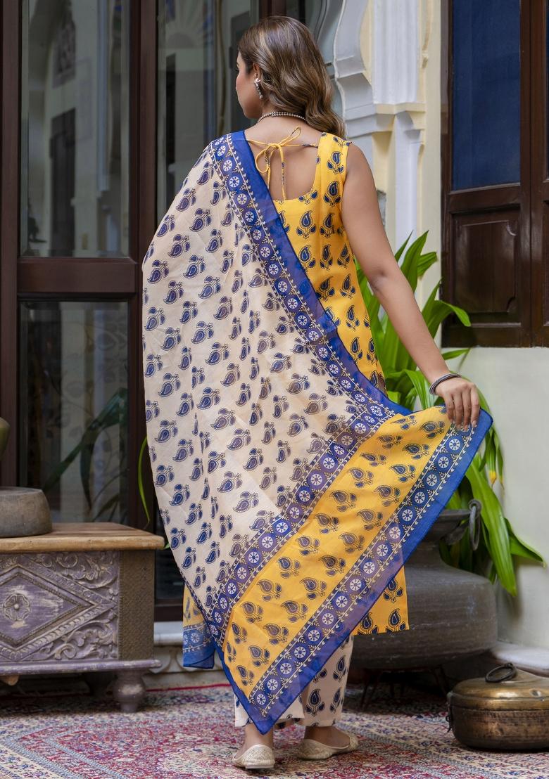 Yellow Floral Print Cotton Kurta Set - Indya