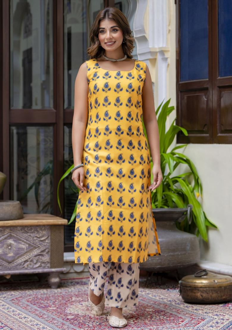 Yellow Floral Print Cotton Kurta Set - Indya