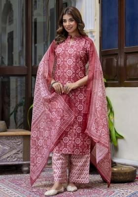 Red Floral Print Cotton Kurta Set