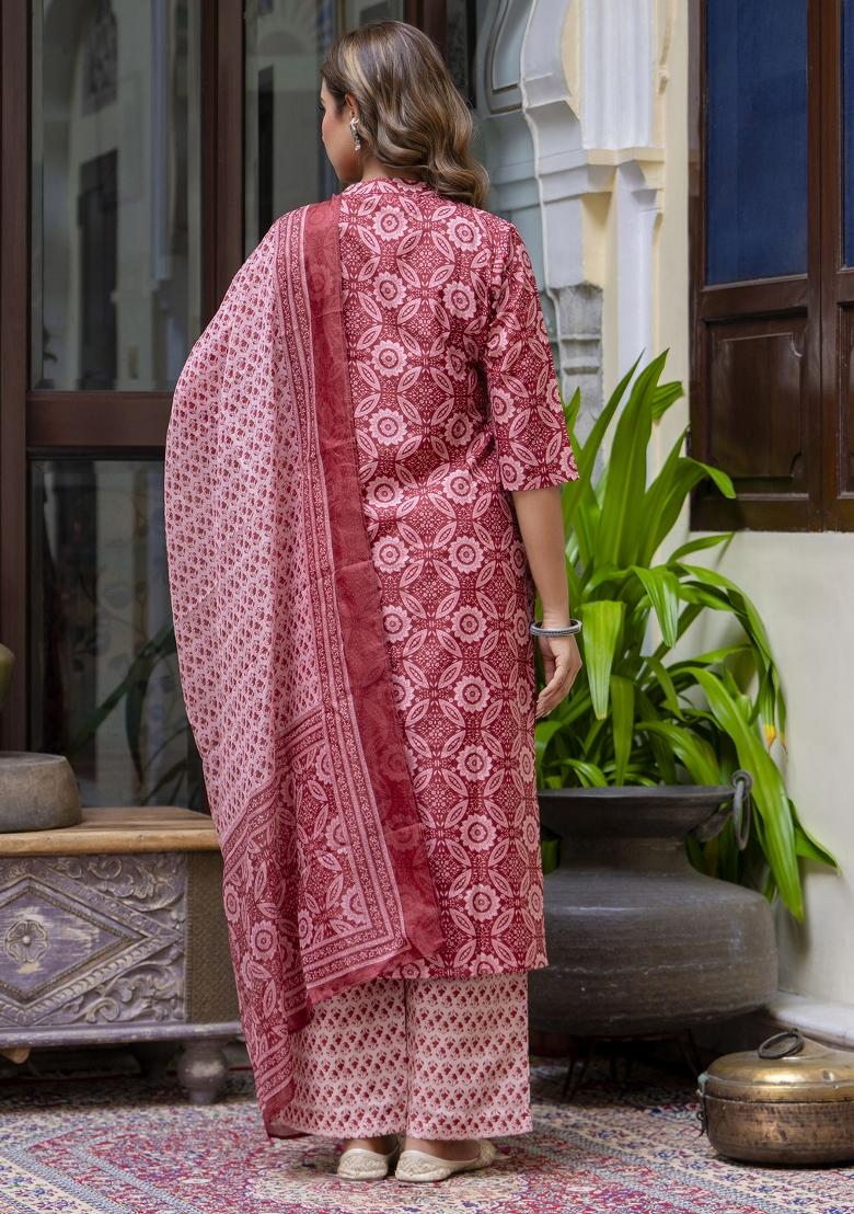 Red Floral Print Cotton Kurta Set - Indya