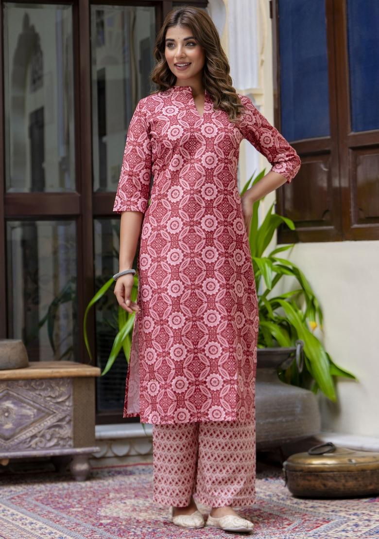 Red Floral Print Cotton Kurta Set - Indya