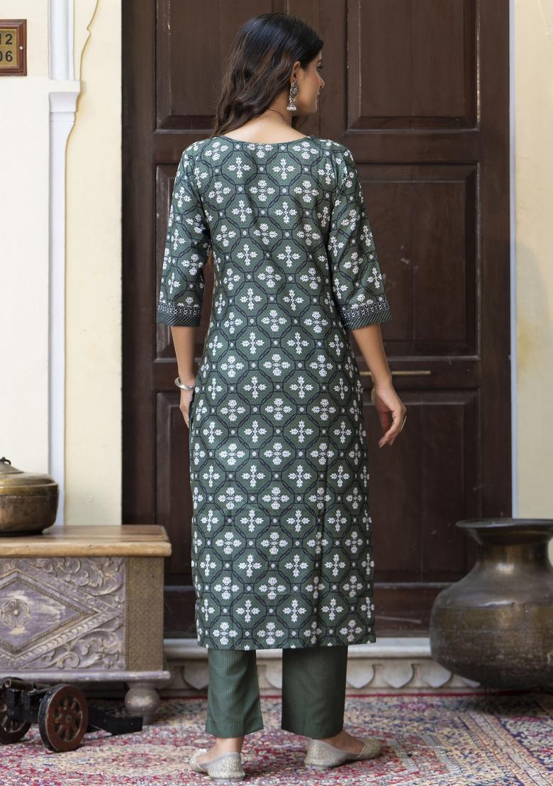 Green Floral Print Cotton Kurta Set - Indya
